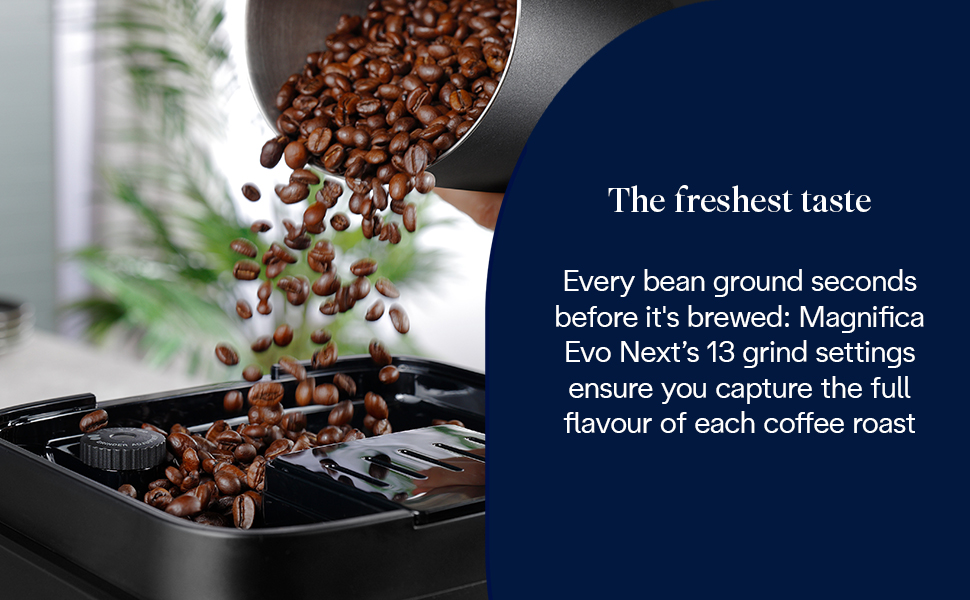Text reads 'The freshest taste before it's brewed: Magnifica Evo Next's 13 grind settings' and 'Every bean ground seconds ensure you capture the full flavour of each coffee roast.' Images show coffee beans and grinding process.